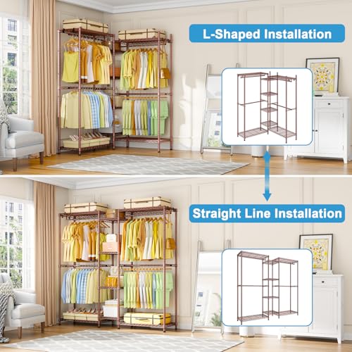 Ulif E4 Clothes Rack, Heavy-Duty Garment Rack, Metal Freestanding Clothing Organization Storage System Can Be L-Shaped with Shelves and Hangers, Max Load 962lbs, 71.6" W x 14.5" D x 79.3" H, Bronze - color: Bronze