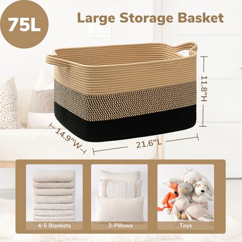 Goodpick Woven Blanket Basket, 21.6" x 14.9" x 11.8" Wicker Laundry Basket for Clothes, Storage Baskets for Organizing, Rectangle Rope Large Baskets for Storage, Black Jute - color: Black Jute, size: Large(21.6"L x 14.9"W x 11.8"H)