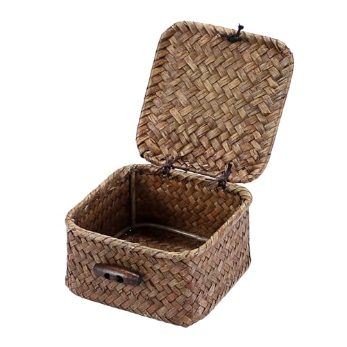 Mini Seagrass Basket Handwoven Small Wicker Basket with Lid Square Portable Storage Baskets for Key Jewelry Decorative Organizer Box for Shelf, 3.5"L x 3.5"W x 2"H - size: 3.5"L x 3.5"W x 2"H