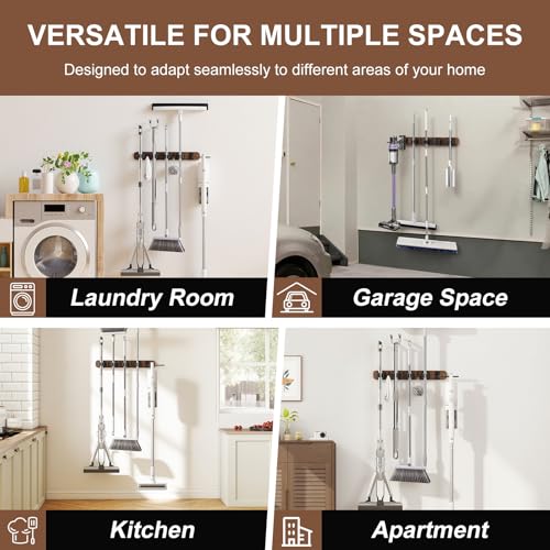 Broom Holder Wall Mount With Vacuum Cleaner Holder,Wood Broom Hangers For Wall，Broom And Mop Organizer Wall Hanging For Laundry Room ，Broom Organizer Wall Mount For Home Garage Kitchen (Black)