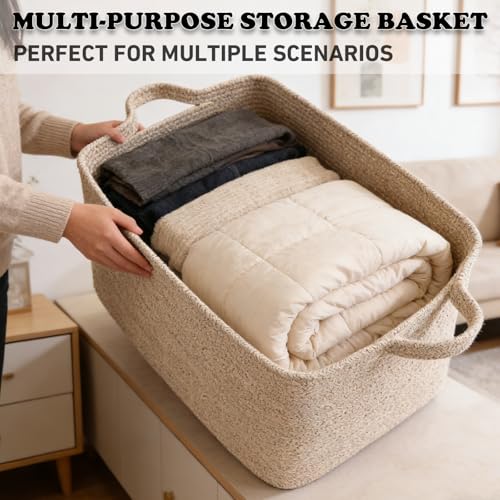 Large Blanket Basket,Woven Rope Basket Storage Bin with Handles,65L Rectangle Laundry Basket for Magazines,Toys,Clothes,Newspaper Shelf Organization,Nursery and Living Room,Brown - color: Brown, size: 21"x16"x12"(65L)