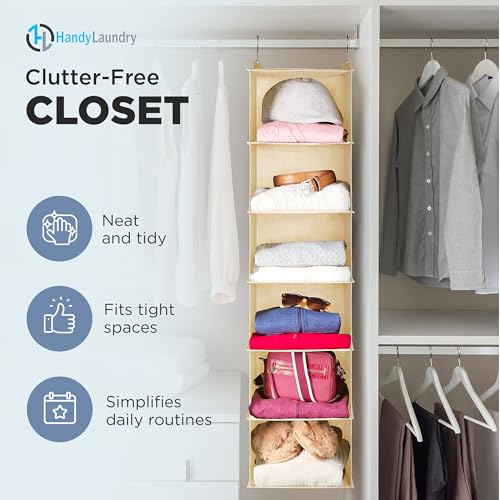 Handy Laundry Hanging Closet Organizer - 6 Shelf Storage for Clothes, Sweaters, Shoes & Accessories - Space-Saving Wardrobe Shelves with Hooks for Dorm, RV & Small Closet Organization (Beige) - color: Beige