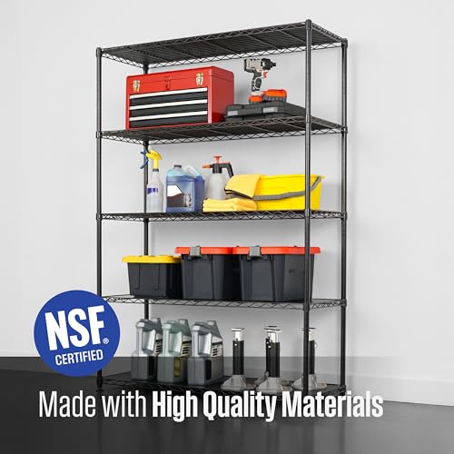 SafeRacks - NSF Certified Storage Shelves, Zinc, Heavy Duty Steel Wire Unit with Adjustable Feet, Garage or Bakers Rack, Kitchen, Pantry Shelf - (48"x18"x72" 5-Tier) (Black) - color: Black, size: 18"x48"x72" 5-Tier