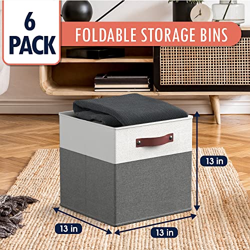 Ornavo Home 13 x 13 Storage Cube Bins, Foldable Collapsible Fabric Storage Bins Box Linen Shelf Basket Cube Organizer for Closet with Leather Handles, 6 Pack, White/Gray - color: White/Gray, size: Cube - 13 x 13 x 13