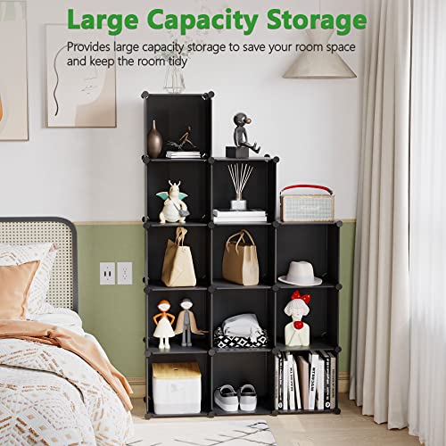 C&AHOME Cube Storage Organizer, 12-Cube Shelves Units, Closet Cabinet, DIY Plastic Modular Book Shelf, Ideal for Bedroom, Living Room, Office, 36.6" L x 12.4" W x 48.4" H Black SHS3012B - color: Black