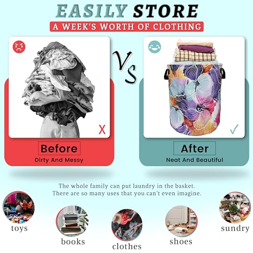 Abstract Watercolor Floral Laundry Basket Foldable With Handles Tote Bag Oxford Cloth Flowers Laundry Hamper Clothes Storage Bucket Toy Organizer 18.9" x 16.5" For Bathroom/Laundry/Bedroom - color: Abstract Watercolor Floral Print
