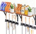 2Pack Broom Holder Wall Mount with Organizer Shelf, Space-Saving Broom and Mop Organizer Wall Hanging with 8 Broom Slots 10 Removable Hooks, Laundry Room Shelves for Laundry Room Garage Garden Closet