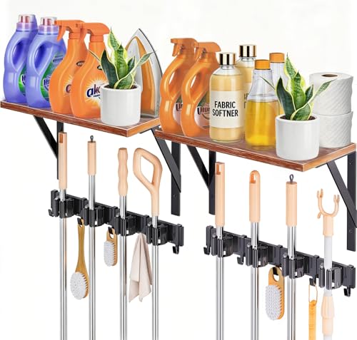 2Pack Broom Holder Wall Mount with Organizer Shelf, Space-Saving Broom and Mop Organizer Wall Hanging with 8 Broom Slots 10 Removable Hooks, Laundry Room Shelves for Laundry Room Garage Garden Closet