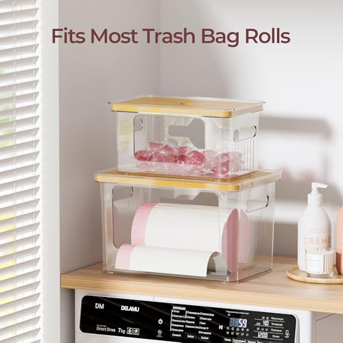 Delamu Acrylic Trash Bag Holder, 2 Pack (XL+S) Stackable Garbage Bag Dispenser, Clear Organizer Bins for Under Sink Organization, Pantry Storage, Cabinet, Kitchen, Laundry, Bathroom - size: XL+S-2 Pack