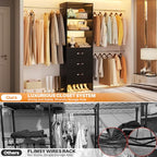 Homieasy 96 Inches Closet Organizer System, 8FT Customizable Walk In Closet Organizer with Hanging Rods, 3 Drawers Garment Rack with Leather Handle , 96" L x 16" W x 75" H, Max Load 1000 LBS, Black - color: Black