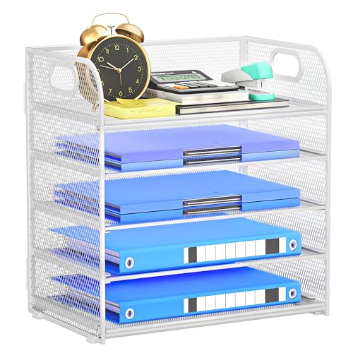 5-Tier Stackable Paper Organizer with Handle, White Metal Mesh Desk Organizer Letter Tray | Office Storage & Organization for Home, School & Workplace - color: White, size: 12.6" x 9.1" x 13.4"