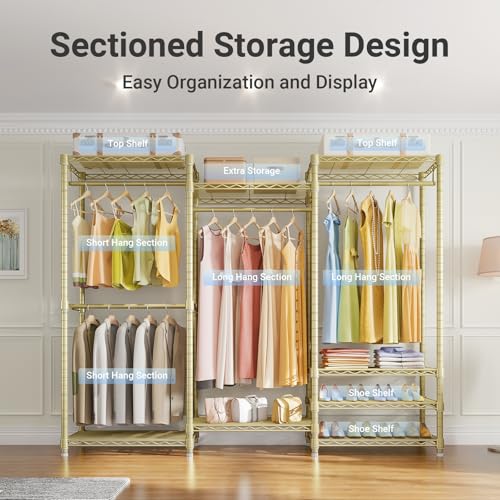 VIPEK V5 Portable Closet Wardrobe Heavy Duty Clothes Rack, Freestanding Metal Clothing Racks Custom Closet Racks with 8 Adjustable Shelves, 68.9" Lx15.7 Wx76.4 H, Max Load 890LBS, Gold - color: Gold, size: V5 Standard