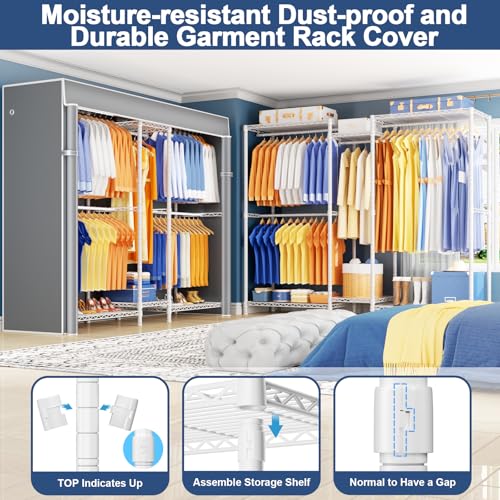 Ulif E12C Pro Heavy Duty Closet Organizer System，Freestanding Clothing Racks for Hanging Clothes，Adjustable Garment Rack 71"W x 16"D x 76.5"H Hold 960lbs，White Clothing Rack with Grey Dustproof Cover - color: White Rack With Grey Cover, size: E12C Pro