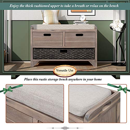 Fully Assembled Solid Acacia Wood Storage Bench - Shoe Organizer with 2 Drawers, Removable Basket & Padded Cushion, Rustic Entryway Bench (White Washed) - color: White Washed