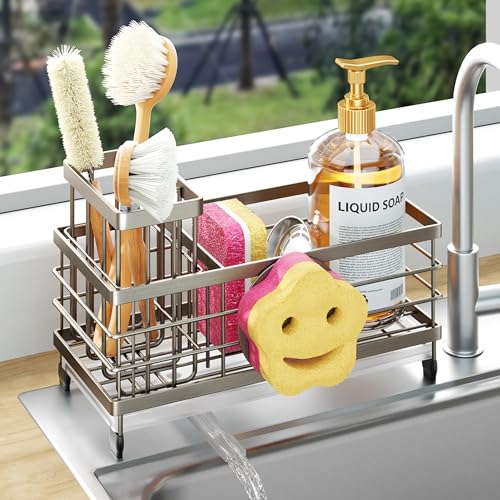 HapiRm Sink Caddy Sponge Holder - Self-draining Kitchen Sink Organizer with Smiley Face and Brush Holder, Stainless Steel Kitchen Organizer for Countertop - Brushed Nickel - color: Brushed Nickel, size: Twin