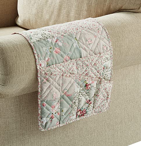 Brilliant Sunshine Rose and Sage Patchwork Sofa Armrest 5 Pockets Organizer, Slip Resistant Armchair Caddy, Washable Remote Controls Holder, Storage for Magazine, Tablet, Phone, iPad,35×13",Rose Sage - color: Pink Sage