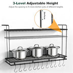 Housolution Pot Rack Wall Mounted, 22''-30'' Length Expandable, 3 Level Height Adjustable, 2 Tier Heavy Duty Hanging Cookware Pan Organizer with 12 Hooks and 8 Lid Holders - color: Black, 2 Tiers
