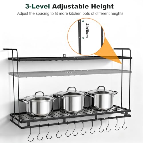 Housolution Pot Rack Wall Mounted, 22''-30'' Length Expandable, 3 Level Height Adjustable, 2 Tier Heavy Duty Hanging Cookware Pan Organizer with 12 Hooks and 8 Lid Holders - color: Black, 2 Tiers