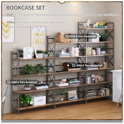4NM Extra Wide 6 Tiers No Assembly Book Shelves, 61.8" H Folding Bookshelf Bookcase Open Industrial Foldable Shelves for Bedroom, Living Room, Home Office - Rustic Brown Black - color: Rustic Brown Black, size: Wide XX 6-Tier