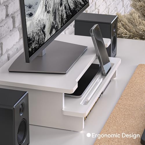 Computer Monitor Stand Riser, 16.5 Inch Wood Desk Shelf Storage Organizer with Phone Tablet Holder, White - color: White, size: 16.5 inch