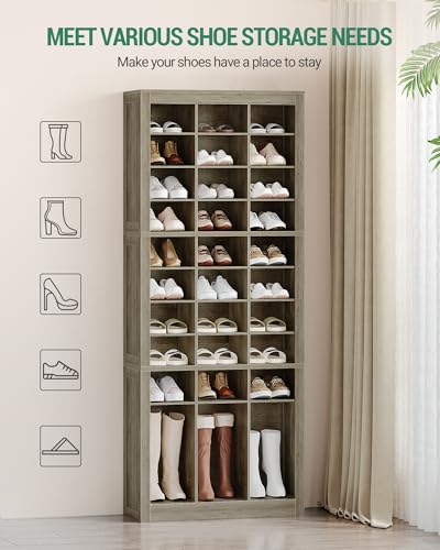 Hzuaneri Shoe Storage Cabinet, 36 Pairs Free Standing Closet Organizer, 8.8 inch Widened Cell Wood Shoe Organizer, 12 Tiers Vertical Space Saving Shoe Rack for Entryway, Cloakroom, Greige SR20705B - color: Greige, size: 36 Pairs