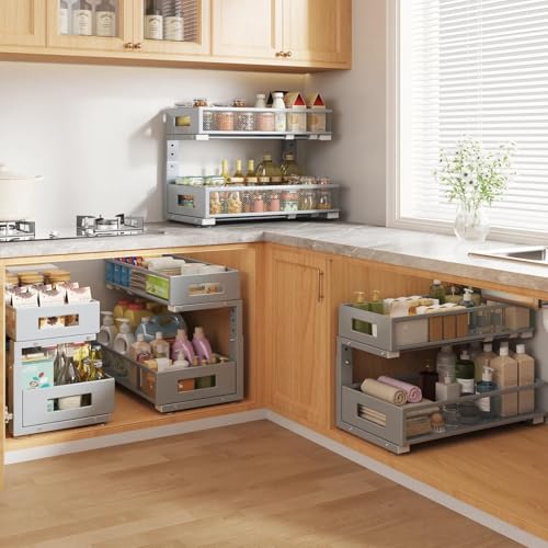 1 Pack 19IN Depth Under Sink Organizer, 2-Tier Pull Out Cabinet Organizer With Smooth Circular Rail, Large Capacity Metal Mesh Sliding Drawers For Bathroom& Kitchen Storage,Height Adjustable-Gun Gray - color: Gun Gray, size: 1 Pack-19"Dx11.6"-16.7" H