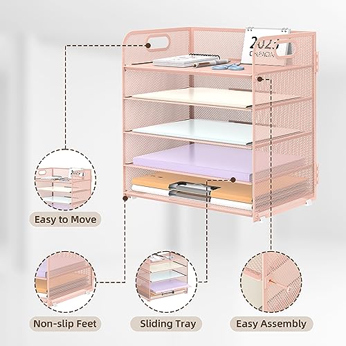 Supeasy 5 Trays Paper Organizer Letter Tray with Handle-Mesh Desk File Holders, Paper Sorter Desk Organizer for Office, Home, Classroom or School, Pink - color: Pink