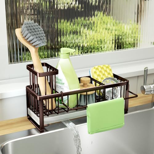SWTYMIKI Sponge Holder for Kitchen Sink - Sink Caddy with Brush Holder Self-draining Sponge Caddy Organizer with Divider Stainless Steel Kitchen Accessories Storage for Countertop, Bronze - color: Bronze