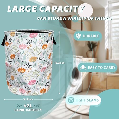 Beautiful Floral Laundry Basket Foldable With Handles Tote Bag Oxford Cloth Colorful Flowers Laundry Hamper Clothes Storage Bucket Toy Organizer 18.9" x 16.5" For Bathroom/Laundry/Bedroom - color: Cute Floral Beautiful Flowers