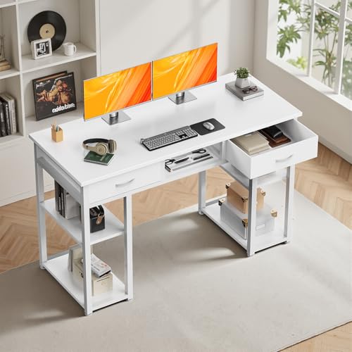 DUMOS 48" Small Computer Home Office Desk for Bedroom with Drawers, Gaming Writing Study Table with Storage Shelf, Adjustable Feet, Metal Frame White - color: White, size: 48-In