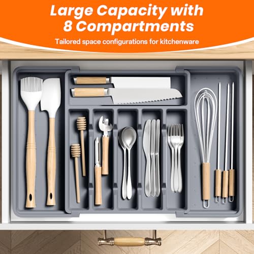 RoomHacks Large Silverware Organizer,Expandable Utensil Drawer Organizer,BPA Free Utensil Holder,Adjustable Silverware Tray Cutlery Drawer Organizer for Kitchen Flatware,Large,Grey (6-8 Slots) - color: Gray