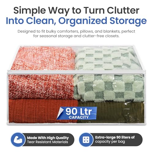 Handy Laundry Blanket Storage Bags - 90 L, Pack Of 4, Zippered Large Clear Plastic Storage Bag, Shield Your Quilt Blankets, Bedding & Clothes from Dust, Dirt & Moisture, Gliding Zipper for Easy Access - color: Clear 4-Pack