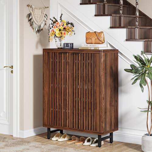 Tribesigns 6-Tier Shoe Cabinet with Shutter Doors, Large Wooden Shoe Organizer Rack with Adjustable Shelves, Modern Farmhouse Hidden Storage Furniture for Entryway, Hallway (Walnut) - color: Walnut
