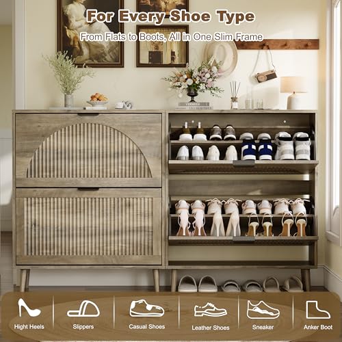Shoe Storage Cabinet with 2 Flip Drawers, Narrow Wood Shoe Organizer Cabinet with Fluted Panel, Slim Shoe Rack for Entryway, Freestanding Shoe Cabinet for Living Room, Hallway, Grey - color: Grey, size: 2-Drawers