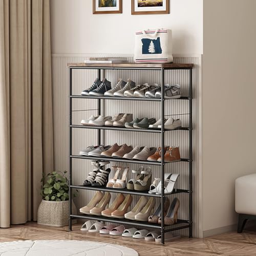 INGIORDAR Shoe Rack Organizer 6 Tier Metal Organizer Shelf with Industrial MDF Board and Layer Fabric for Entryway Closet Bedroom Living Room Garage,Black & Rustic Brown (Black+Rustic Brown, 6 Tier) - color: Black+rustic Brown, size: 6 Tier