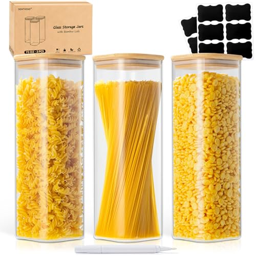 SENTVEND 73 Oz Glass Storage Jars with Bamboo Lids - 3 Pack Clear Glass Canisters Square Airtight Stackable Ideal for Pantry Storage Containers Great for Storing Oats Coffee Beans Pasta Flour Rice etc - color: 73 OZ-Clear