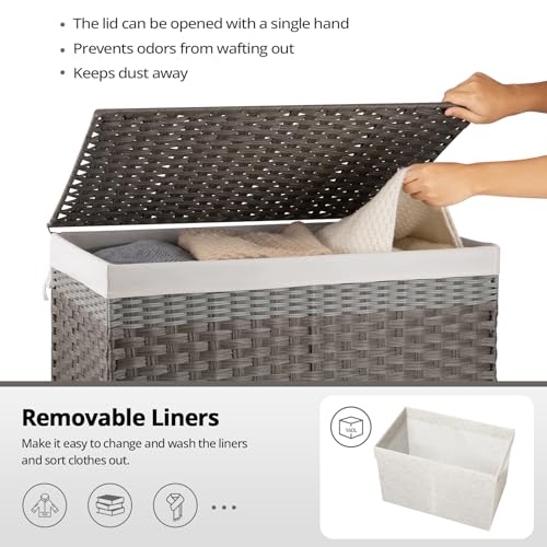 OIAHOMY Storage Basket with Lid, 42.3 Gallon (160L) Blanket Basket with Removable Liner Bag, Synthetic Wicker Hamper with Handle, Foldable, Hamper for Living Room, Grey - color: Gradient Grey, size: 160L