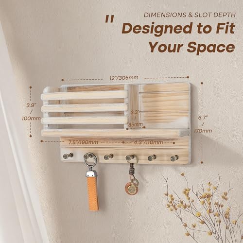 Rebee Vision Farmhouse Pine Wood Key Holder Wall Mount - Key Holder for Wall with Wooden Shelf & 6 Hooks - Mail Holder for Rustic Decor to Home, Bedroom, or Apartment (Natural Wood) - color: Natural Wood