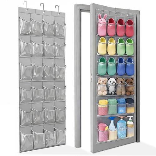 Over The Door Shoe Organizer - Space Saving Shoe Rack for Closet Door with 24 Crystal Clear Pockets and Metal Hooks, Shoe Holder Back of Door Organizers for Shoes, Gray Hanging Shoe Organizer (Gray) - color: Gray, size: 1pc