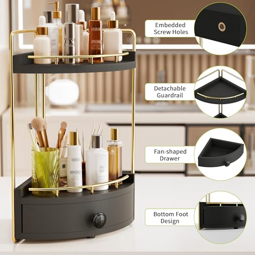 2-Tier Corner Bathroom Counter Organizer with Drawer & Embedded Screw Holes - Wooden Countertop Organizers for Skincare, Makeup Storage, Bathroom Sink Counter Shelf for Vanity, kitchen, Black Gold - color: Black Gold