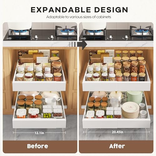 Seinloes 2 Pack Pull Out Cabinet Organizers 16.5" Deep With Raising Pad for Framed Cabinets,Expandable Slide Out Drawers Upgrade 3 Slide Rails,Roll Out Shelves,Adjustable Width 12.1"-20.45" White - color: White, size: 12.1"-20.45"Wide x 16.5"Deep(2 Pack)