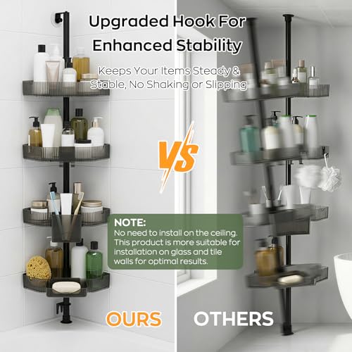 Corner Shower Caddy, Extendable Rustproof Shower Organizer Adjustable 4-Tier Bathroom Shelves Anti-Tipping Bathtub Shampoo Storage Floor Standing Bath Rack Shower Shelf with Soap Dish