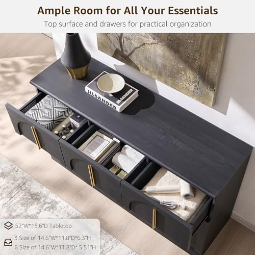 ACCOHOHO Arched Dresser for Bedroom with 9 Drawers, 52" Wide Modern Chest of Drawers with Rounded Edge & Metal Handles, Wood Storage Closet Dressers TV Stand for Living Room, Hallway, Black - color: Black, size: 15.6"D x 52"W x 32"H (9 Drawers)
