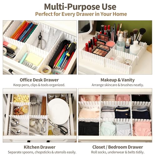 Drawer Divider Adjustable DIY Storage Organizer Separator for Tidying Clutter Cutlery Underwear Socks Clothes Dresses Desk & Box in Kitchen Bathroom Bedroom Office (Cut at Will) - color: White 16pcs