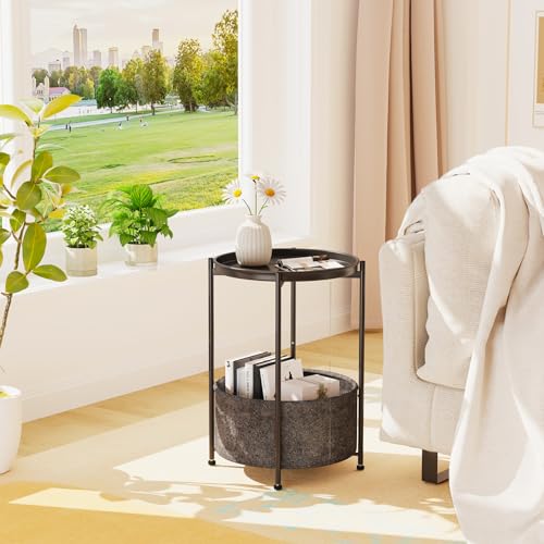 Garden 4 you Small Side Table, Mini Round End Table, Black Tray Table with Fabric Storage Basket, Modern Nightstand for Living Room, Bedroom, Patio, Small Space, 2pcs - color: Black With Basket, size: 2 PCS