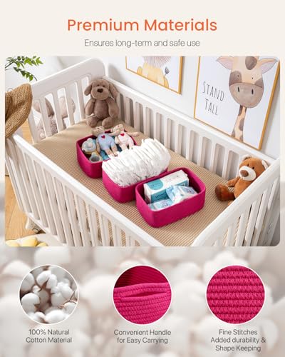 Small Woven Basket, 12 x 8 x 4.5 Inches, Storage Basket for Organizing, Cute Small Rope Shelf Closet Cube Storage Bins Baskets for Shelves, Dog Toy Gift Baskets Empty, 3 Packs, Hot Pink - color: Hot Pink, size: 12"L x 8"W x 4.5"H