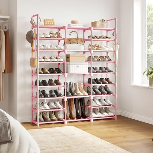 WOWLIVE 9 Tiers Shoe Rack Shoe Storage Shoe Organizer 50-55 Pairs Shoe Tower Unit Shelf Durable Metal Pipes with Plastic Connectors Stackable Cabinet Pink - color: Pink, size: 3 Row 9 Tier