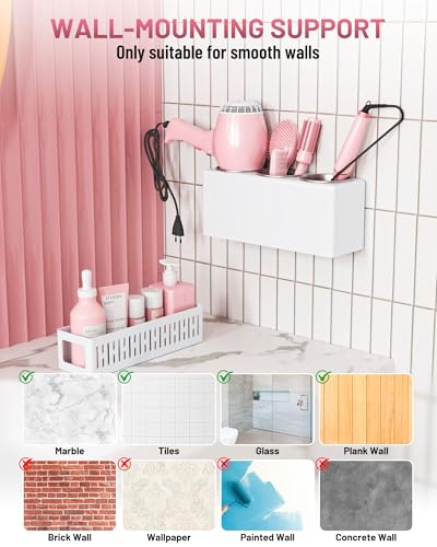 Hair Tool Organizer, Detachable Hair Dryer Holder with 3 Stainless Steel Cups, Wall Mounted Bathroom Organizers and Storage for Accessories, Curling Irons, Straighteners, Toiletries, Makeup - color: White