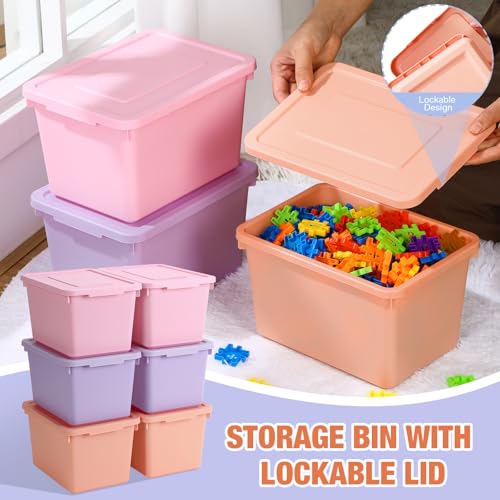 Potchen 6 Pack Cute Plastic Storage Bins with Lids Decorative Stackable Storage Boxes 9.8" ×7.3" ×5.7" Small Storing Totes for Organizing Craft Office Supplies (Pink,Purple,Orange) - color: Pink,Purple,Orange