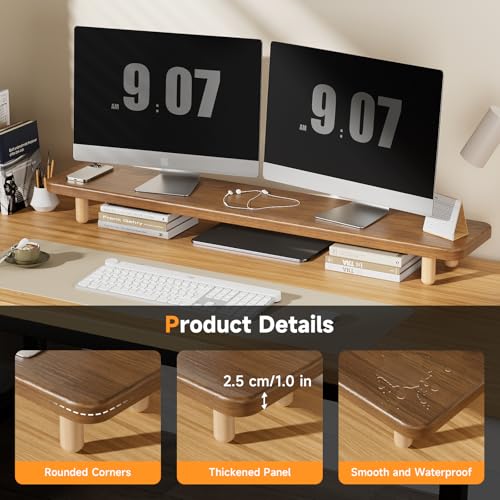 Dual Monitor Stand Riser, 39 Inch Extra Long Wooden Desktop Monitor Riser with Storage for 2 Monitors Ultra Strong Desk Shelf Organizer Riser Ergonomic for 2 Screens/Laptop/PC/TV/Printer (Walut brown, 39inches) - color: Walut brown